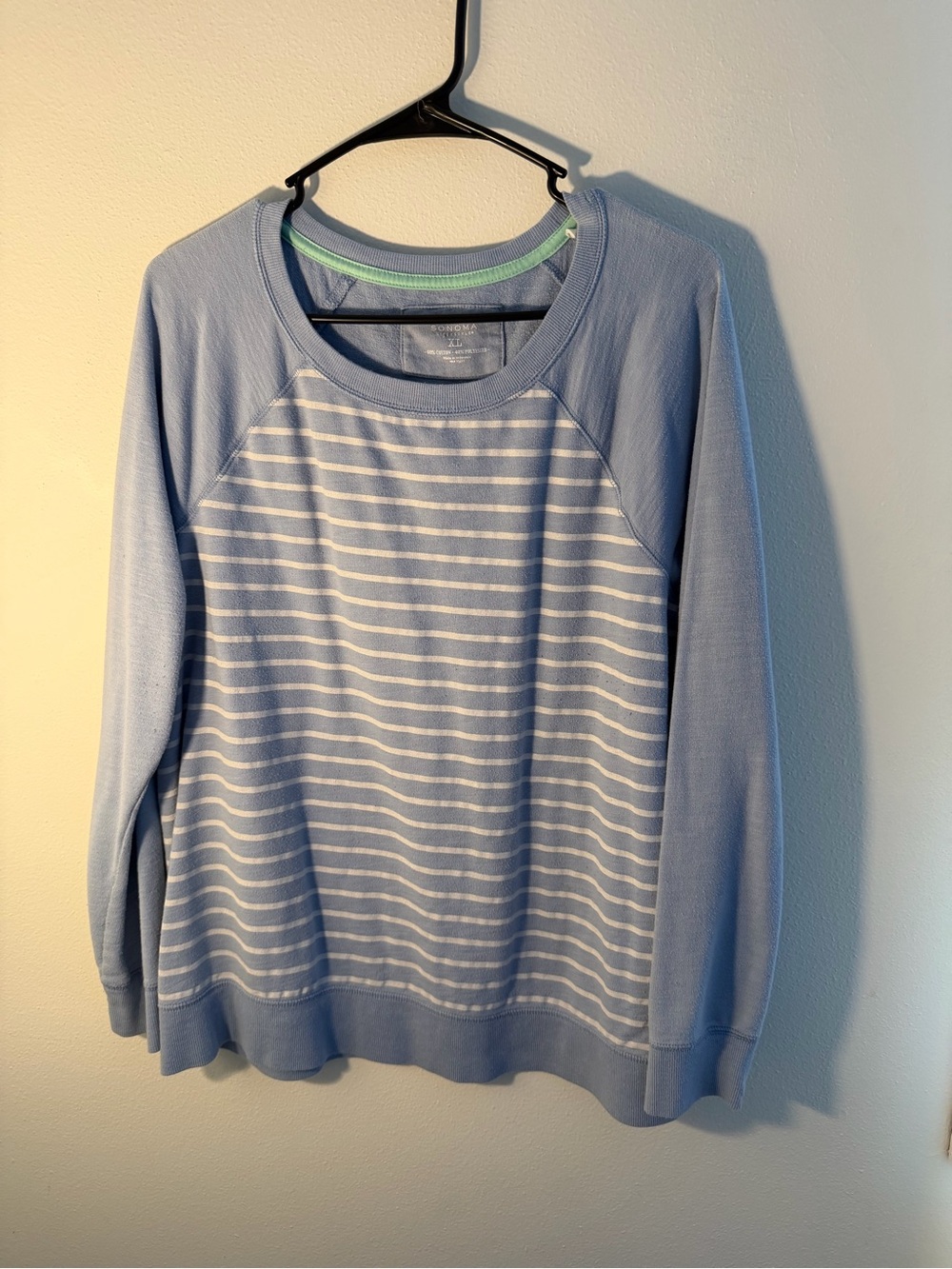 Sonoma Light Blue and White Striped Raglan Crewneck Sweater
